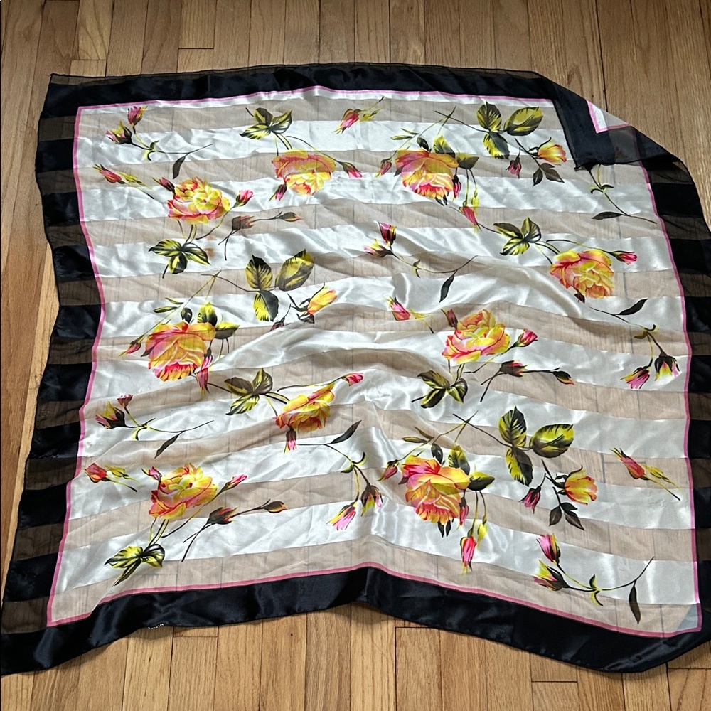 Floral Silk Scarf with Black Border